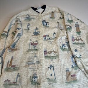 Lighthouse Print Button-Up Cardigan - Cream, Blue, Red Accents